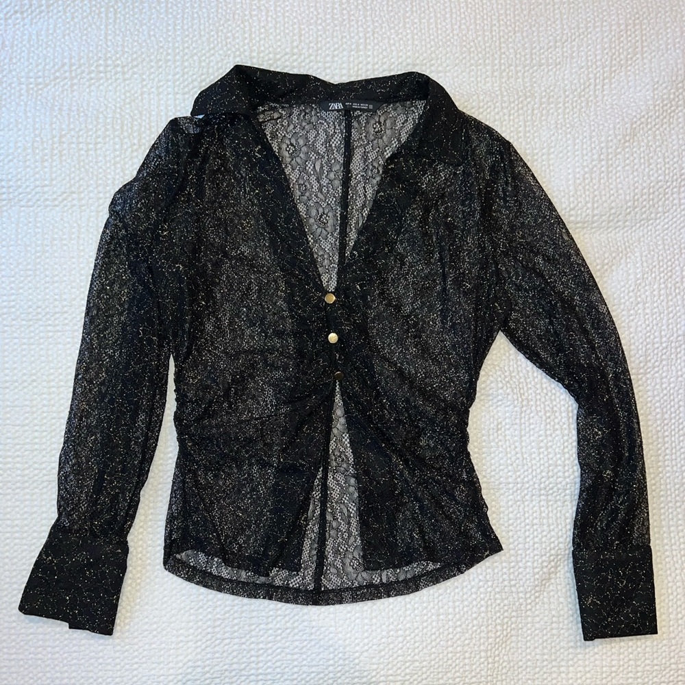 Black and gold Zara see-through, two button blouse